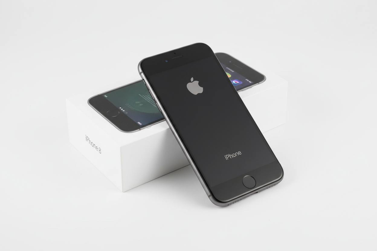 iPhone 8 with box on white background